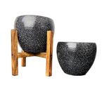 Bitki Tasarımı Siyah Granit Toprak Saksı Saksılık Salon Çiçeklik İkili Set Ayaksız - 4 Ayaklı- 15 CM