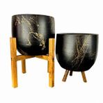 Bitki Tasarımı Siyah Üzeri Gold Mermer Efektli Toprak Saksı Saksılık Salon Çiçeklik İkili Set 3 Ayaklı- 4 Ayaklı- 19 CM