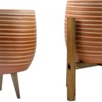 Bitki Tasarımı Yan Çizgi Desenli Toprak Saksı Saksılık Salon Çiçeklik İkili Set 3 Ayaklı- 4 Ayaklı- 19 CM