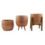 Bitki Tasarımı Yan Çizgi Desenli Toprak Saksı Saksılık Salon Çiçeklik Üçlü Set - 19 Cm