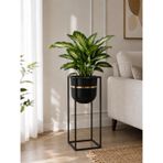 Bitkidunyam Mat Siyah Metal Kare Ayaklı Saksı, Altın Detaylı Kenar, Silindirik, Modern Tasarım, 50x20 CM No:5