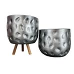 bitkitasarımı BİTKİ TASARIMI EV DEKORASYON AKSESUAR GÜMÜŞ DESENLİ TOPRAK SAKSI SAKSILIK SALON ÇİÇEKLİK İKİLİ SET AYAKSIZ - 3 AYAKLI- 19 CM