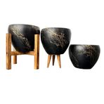 bitkitasarımı BİTKİ TASARIMI EV DEKORASYON SİYAH ÜZERİ GOLD MERMER EFEKTLİ TOPRAK SAKSI SAKSILIK SALON ÇİÇEKLİK ÜÇLÜ SET - 15 CM