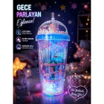 Biton Toptan Atlı Karınca Temalı Suluk Pipetli Buzlu Cam Görünümlü LED Işıklı 450 ml Çift Katman Mika Mavi 2649