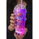 Biton Toptan Unicorn Temalı LED Işıklı Suluk Buzlu Cam Görünümlü 450 ml Çift Katman Mika Su Şişesi 2646 Mor