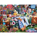 Bits and Pieces - Yetişkinler için 500 Parça Yapboz 45,72 cm x 60,96 cm - Yorgan Festivali - 500 parça Çiftlik Kedi Köpek Yavru Yavru Köpek Aile Yorgan Battaniye Çiçek Ülke Yapboz Sanatçı Larry Jones
