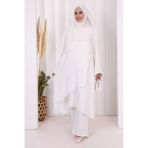 Biyeli Uzun Tunik Pantolon Takım 8005 Ekru
