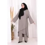 Biyeli Uzun Tunik Pantolon Takım 8005 Gri