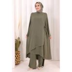 Biyeli Uzun Tunik Pantolon Takım 8005 Haki