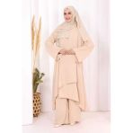 Biyeli Uzun Tunik Pantolon Takım 8005 Taş