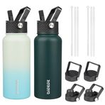 BJPKPK 2 Paket Yalıtımlı Su Şişesi, Hasır Kapaklı, 32 oz Paslanmaz Çelik Metal Su Şişesi, 6 Kapaklı, Sızdırmaz BPA İçermeyen Termos, Bardaklar, Okul, Seyahat, Spor için Şişeler (Ordu Yeşili+Nane)