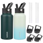 BJPKPK 2 Paket Yalıtımlı Su Şişesi, Hasır Kapaklı, 765 ml Paslanmaz Çelik Metal Su Şişesi, 6 Kapaklı, Sızdırmaz BPA İçermeyen Termos, Bardaklar, Okul, Seyahat, Spor için Şişeler (Ordu Yeşili+Nane)