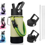 BJPKPK Hasır Kapaklı Su Şişesi, 3 Kapaklı 18oz Yalıtımlı Su Şişeleri, Paracord Saplı ve Kaymaz Önyükleme, Metal Paslanmaz Çelik Termos, BPA İçermeyen Sızdırmaz Bardaklar, Bardaklar, Makaron Yeşili