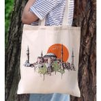 BK Gift Ayasofya Tasarımlı Kanvas Bez Çanta, Baskılı Omuz Çantası, Alışveriş Çantası, Plaj Çantası4 - Bej