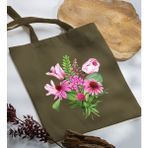 Bk Gift Çiçek Tasarımlı-6 Haki Kumaş Bez Çanta Baskılı Omuz Çantası