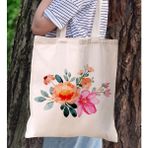 BK Gift Çiçek Tasarımlı Kanvas Bez Çanta, Baskılı Omuz Çantası, Alışveriş Çantası, Plaj Çantası10 - Bej