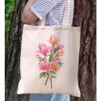 BK Gift Çiçek Tasarımlı Kanvas Bez Çanta, Baskılı Omuz Çantası, Alışveriş Çantası, Plaj Çantası4 - Bej