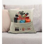 Bk Gift Eğlenceli Tasarımlı Organizer Kumanda ve Atıştırmalık Cepli Krem Kırlent Yastık- 11, Ev Dekoru, - 43 x 43 cm - Renkli