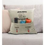 Bk Gift Eğlenceli Tasarımlı Organizer Kumanda ve Atıştırmalık Cepli Krem Kırlent Yastık- 5, Ev Dekoru, - 43 x 43 cm - Renkli