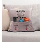 Bk Gift Eğlenceli Tasarımlı Organizer Kumanda ve Atıştırmalık Cepli Pembe Kırlent Yastık- 5, Ev Dekoru, - 43 x 43 cm - Renkli