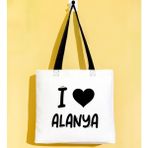 Bk Gift I Love Alanya Siyah Renkli Kulp Gabardin Bez Çanta 40X35CM, Baskılı Omuz Çantası, Alışveriş Çantası, Plaj Çantası - 40 x 35 cm