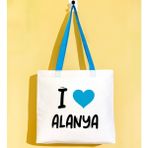 Bk Gift I Love Alanya Turkuaz Renkli Kulp Gabardin Bez Çanta 40X35CM, Baskılı Omuz Çantası, Alışveriş Çantası, Plaj Çantası - 40 x 35 cm