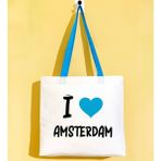 Bk Gift I Love Amsterdam Turkuaz Renkli Kulp Gabardin Bez Çanta 40X35CM, Baskılı Omuz Çantası, Alışveriş Çantası, Plaj Çantası - 40 x 35 cm