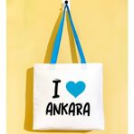 Bk Gift I Love Ankara Turkuaz Renkli Kulp Gabardin Bez Çanta 40X35CM, Baskılı Omuz Çantası, Alışveriş Çantası, Plaj Çantası - 40 x 35 cm