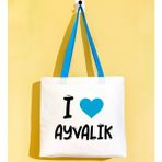 Bk Gift I Love Ayvalık Turkuaz Renkli Kulp Gabardin Bez Çanta 40X35CM, Baskılı Omuz Çantası, Alışveriş Çantası, Plaj Çantası - 40 x 35 cm