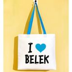 Bk Gift I Love Belek Turkuaz Renkli Kulp Gabardin Bez Çanta 40X35CM, Baskılı Omuz Çantası, Alışveriş Çantası, Plaj Çantası - 40 x 35 cm