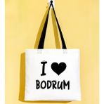 Bk Gift I Love Bodrum Siyah Renkli Kulp Gabardin Bez Çanta 40X35CM, Baskılı Omuz Çantası, Alışveriş Çantası, Plaj Çantası - 40 x 35 cm