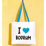 Bk Gift I Love Bodrum Turkuaz Renkli Kulp Gabardin Bez Çanta 40X35CM, Baskılı Omuz Çantası, Alışveriş Çantası, Plaj Çantası - 40 x 35 cm