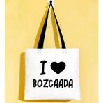 Bk Gift I Love Bozcaada Siyah Renkli Kulp Gabardin Bez Çanta 40X35CM, Baskılı Omuz Çantası, Alışveriş Çantası, Plaj Çantası - 40 x 35 cm