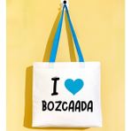 Bk Gift I Love Bozcaada Turkuaz Renkli Kulp Gabardin Bez Çanta 40X35CM, Baskılı Omuz Çantası, Alışveriş Çantası, Plaj Çantası - 40 x 35 cm