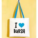 Bk Gift I Love Bursa Turkuaz Renkli Kulp Gabardin Bez Çanta 40X35CM, Baskılı Omuz Çantası, Alışveriş Çantası, Plaj Çantası - 40 x 35 cm
