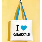 Bk Gift I Love Çanakkale Turkuaz Renkli Kulp Gabardin Bez Çanta 40X35CM, Baskılı Omuz Çantası, Alışveriş Çantası, Plaj Çantası - 40 x 35 cm