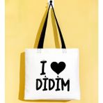 Bk Gift I Love Didim Siyah Renkli Kulp Gabardin Bez Çanta 40X35CM, Baskılı Omuz Çantası, Alışveriş Çantası, Plaj Çantası - 40 x 35 cm