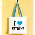 Bk Gift I Love Fethiye Turkuaz Renkli Kulp Gabardin Bez Çanta 40X35CM, Baskılı Omuz Çantası, Alışveriş Çantası, Plaj Çantası - 40 x 35 cm