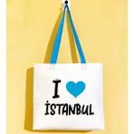 Bk Gift I Love Istanbul Turkuaz Renkli Kulp Gabardin Bez Çanta 40X35CM, Baskılı Omuz Çantası, Alışveriş Çantası, Plaj Çantası - 40 x 35 cm