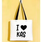 Bk Gift I Love Kaş Siyah Renkli Kulp Gabardin Bez Çanta 40X35CM, Baskılı Omuz Çantası, Alışveriş Çantası, Plaj Çantası - 40 x 35 cm