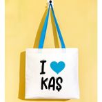 Bk Gift I Love Kaş Turkuaz Renkli Kulp Gabardin Bez Çanta 40X35CM, Baskılı Omuz Çantası, Alışveriş Çantası, Plaj Çantası - 40 x 35 cm
