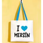 Bk Gift I Love Mersin Turkuaz Renkli Kulp Gabardin Bez Çanta 40X35CM, Baskılı Omuz Çantası, Alışveriş Çantası, Plaj Çantası - 40 x 35 cm
