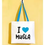 Bk Gift I Love Muğla Turkuaz Renkli Kulp Gabardin Bez Çanta 40X35CM, Baskılı Omuz Çantası, Alışveriş Çantası, Plaj Çantası - 40 x 35 cm