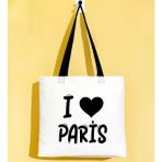 Bk Gift I Love Paris Siyah Renkli Kulp Gabardin Bez Çanta 40X35CM, Baskılı Omuz Çantası, Alışveriş Çantası, Plaj Çantası - 40 x 35 cm