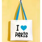 Bk Gift I Love Paris Turkuaz Renkli Kulp Gabardin Bez Çanta 40X35CM, Baskılı Omuz Çantası, Alışveriş Çantası, Plaj Çantası - 40 x 35 cm