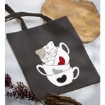 Bk Gift Kedi Tasarımlı-10 Antrasit Kumaş Bez Çanta