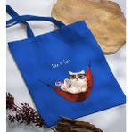 Bk Gift Kedi Tasarımlı-2 Mavi Kumaş Bez Çanta Baskılı Omuz Çantası