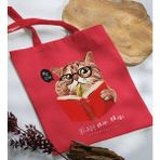 Bk Gift Kedi Tasarımlı-5 Kırmızı Kumaş Bez Çanta Baskılı Omuz Çantası