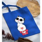 Bk Gift Kedi Tasarımlı-6 Mavi Kumaş Bez Çanta Baskılı Omuz Çantası