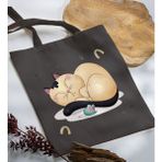 Bk Gift Kedi Tasarımlı-7 Antrasit Kumaş Bez Çanta